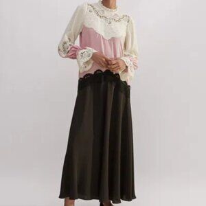 ME+EM Women's Brown Silk Colour Block Lace Maxi Dress + Belt